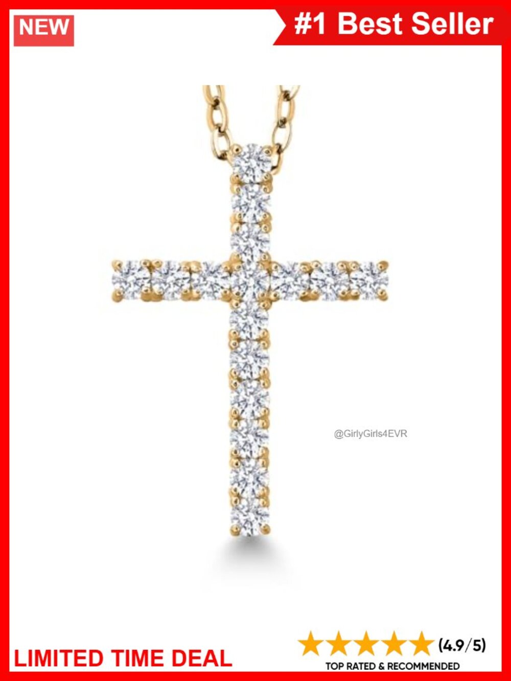 Lab Grown Diamond Cross Necklace 18K Yellow Gold Plated Silver 18 in